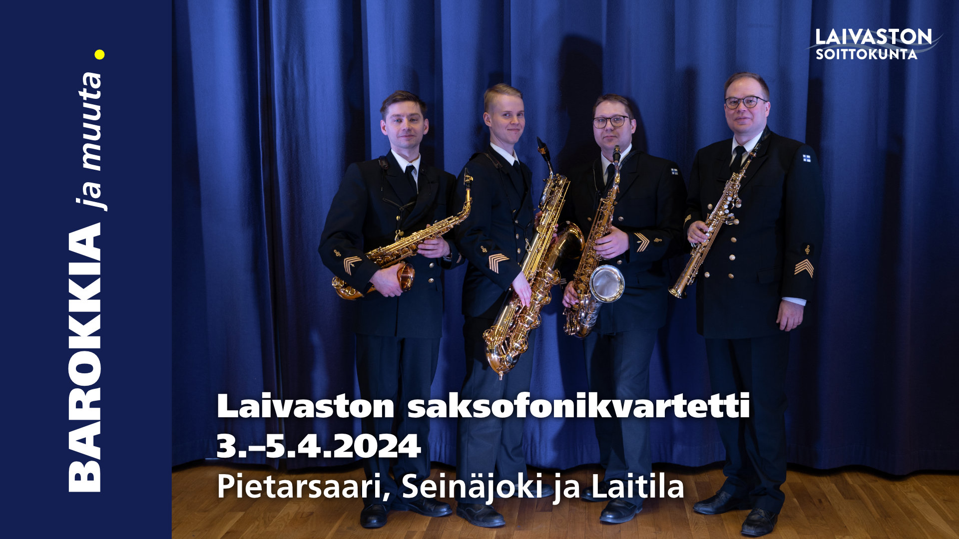 Laivaston soittokunnan saksofonikvartetti konsertoi Pietarsaaren kirkossa ke 3.4. juliste